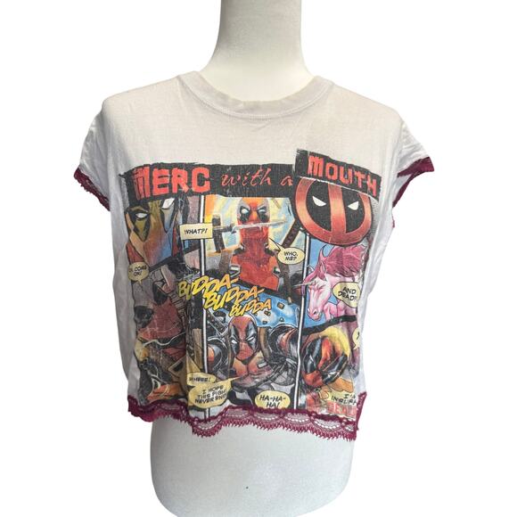 MARVEL DEADPOOL ltd edition tee upcycled to cute cut off shirt w/ red lace trim - Picture 2 of 9